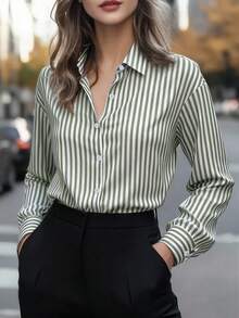 Women's Elegant Long Sleeve Striped Button-Up Shirt Blouse, Versatile Polyester Fabric - Khaki - View 1