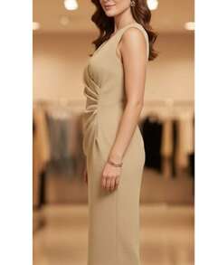 Classic Midi Dress - Duna Linen With Back Zipper, Wide Straps, Elegant Tie-Back Detail, Ruched Detail, Suitable For Formal And Evening Wear. - 米色 - 查看 2