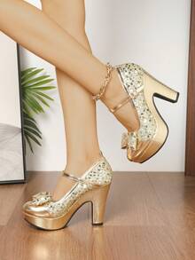 Glitter Gold Patent Leather Bridal Shoes, Bridesmaid Wedding Shoes For Women, Thick Sole Waterproof Platform Super High Heels Formal Dress Pumps - Vàng - Xem 3
