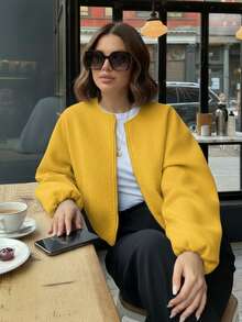 GMFP Women's Spring/Summer Casual Elegant Fashion Loose Soft Solid Color Zipper Casual Long Sleeve Jacket With Pockets, Yellow Bomber Jacket, Suitable For Music Festivals/Wedding Season - Yellow - View 4