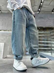 卡通印花宽松休闲街头风牛仔裤，适合青少年男孩 - 藍色 - 查看 2