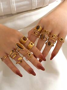 Set de 1/3/6/9/12 anillos de acero inoxidable con piedra de ojo de tigre, estilo minimalista adecuado para uso diario de mujeres (entrega de estilo aleatorio) - Multicolor - Ver 1