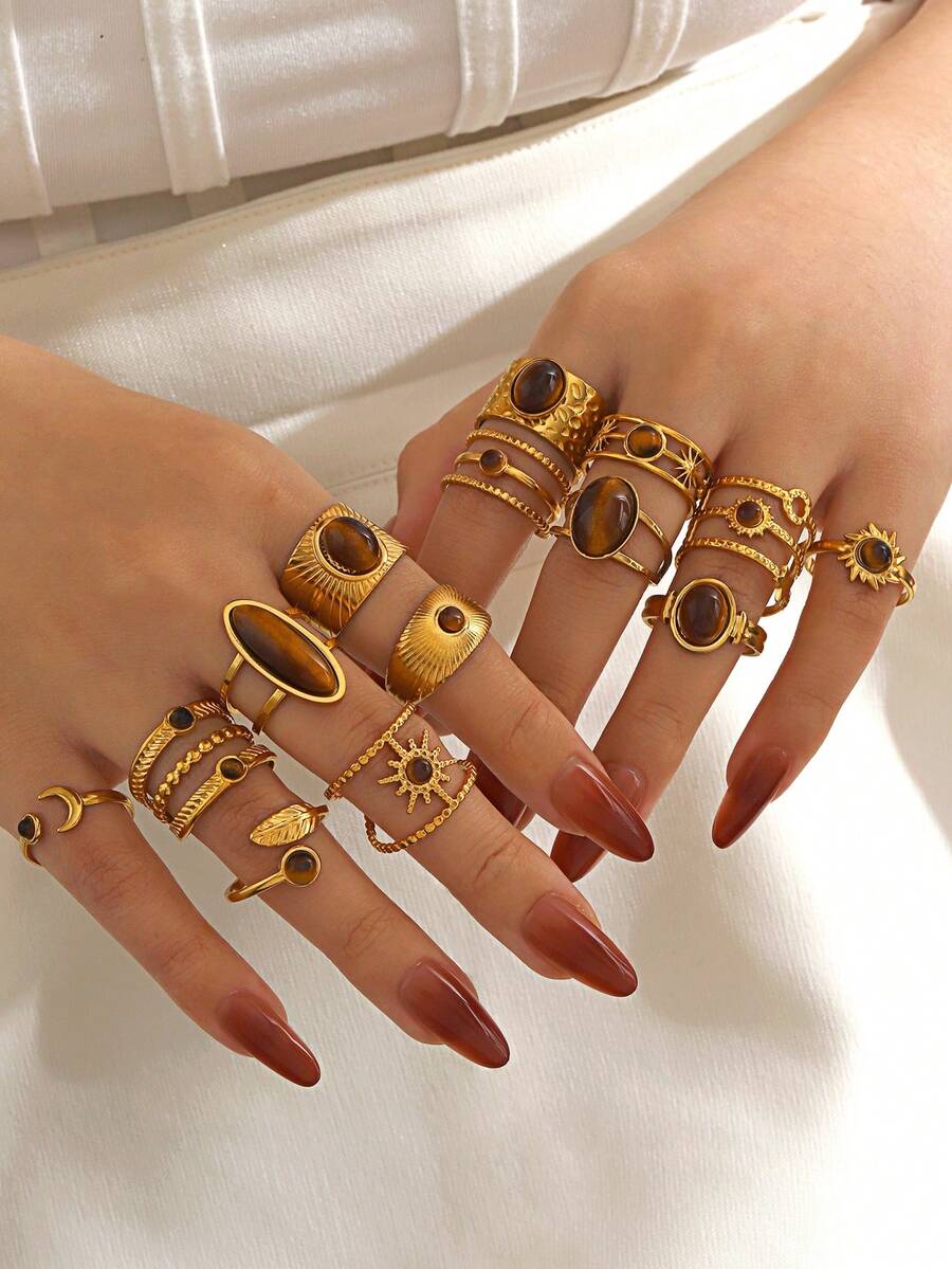 Set de 1/3/6/9/12 anillos de acero inoxidable con piedra de ojo de tigre, estilo minimalista adecuado para uso diario de mujeres (entrega de estilo aleatorio) - Multicolor - Ver 1