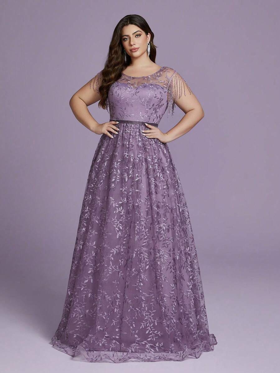 Anpoket (No Fixed Flower) Round-Neck Embroidered Snow Silk See-Through Patchwork Beaded Tassels Velvet Belt Long Skirt - Dusty Purple - View 1