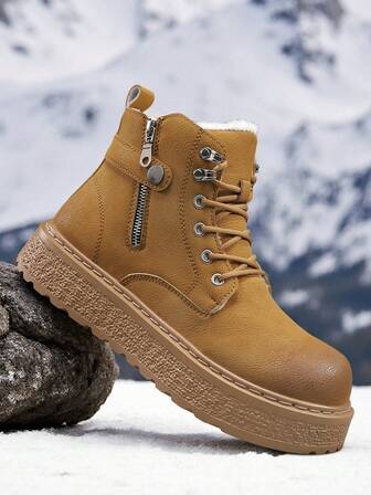 Herrstövlar, Snökängor med tjock sula, Klassiska stövlar med glansigt läder och dragkedja till halva vaden, Moderiktiga och mångsidiga vinterkängor för utomhusbruk, Fleecefoder med varm isolering