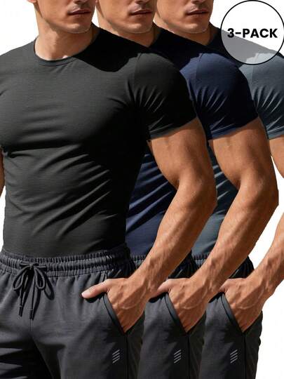 3pcs Men's Fashionable & Comfortable T-Shirts - Breathable Mesh Fabric, Suitable For Daily Wear, Fitness And Running