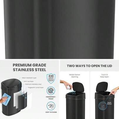 Cubo de basura automático con sensor de 13 galones con tapa, sistema de control de olores AbsorbX, cubo de basura de cocina de acero inoxidable mate negro a prueba de huellas dactilares, de operación con las manos, ovalado