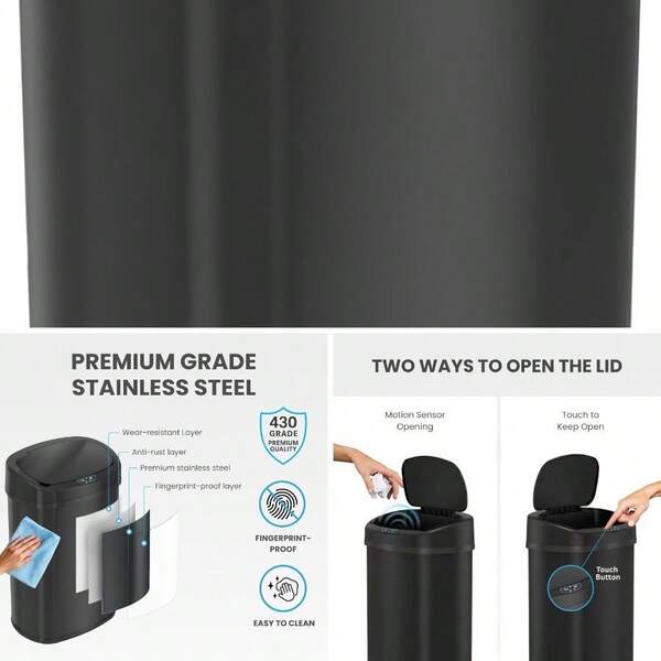 13 Gallon Automatic Sensor Trash Can With Lid, AbsorbX Odor Control System, Matte Black Stainless Steel Kitchen Garbage Bin, Fingerprint - Proof, Hands - Operation, Oval