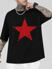 T-shirt da uomo con stampa a stella rossa, cotone di prima qualità, vestibilità comoda, casual, stampa grafica unica - nero - Visualizzare 1