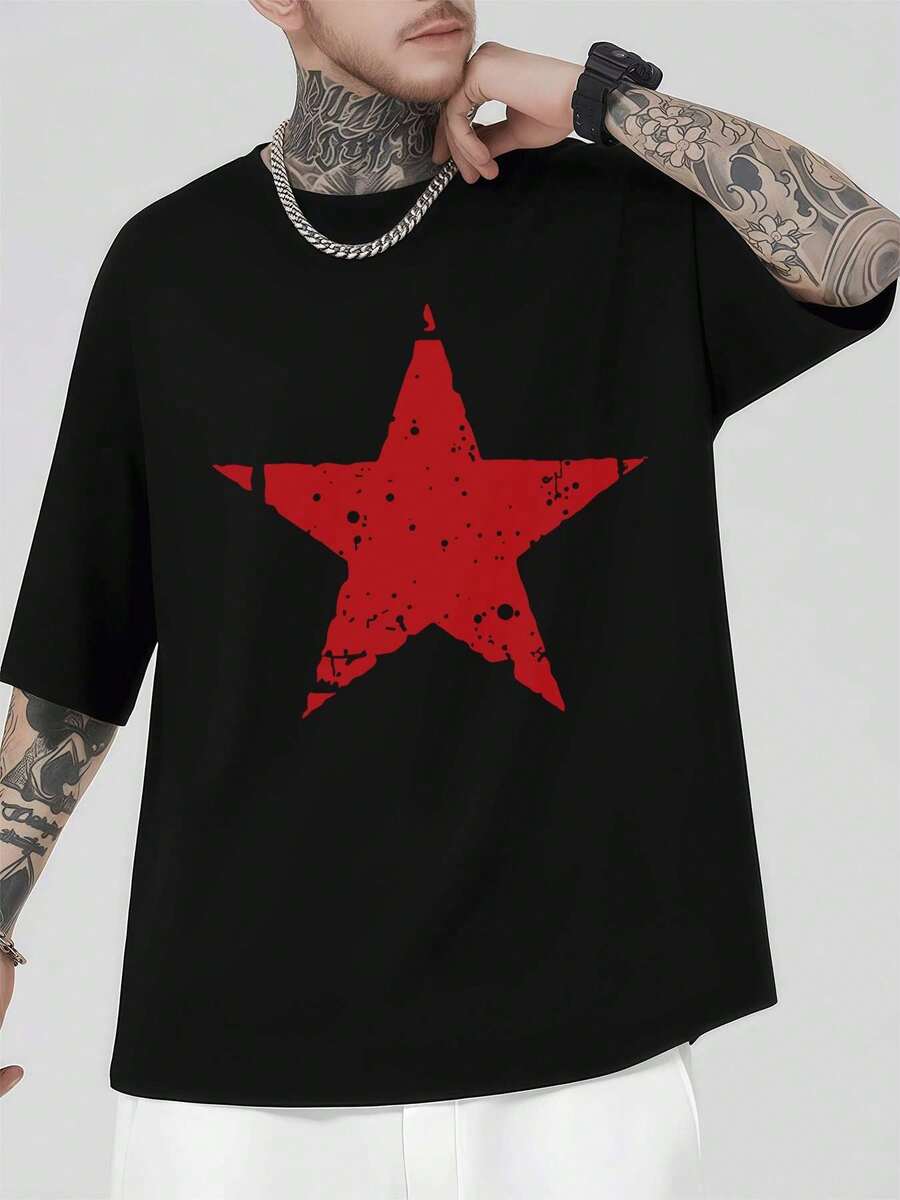 T-shirt da uomo con stampa a stella rossa, cotone di prima qualità, vestibilità comoda, casual, stampa grafica unica - nero - Visualizzare 1