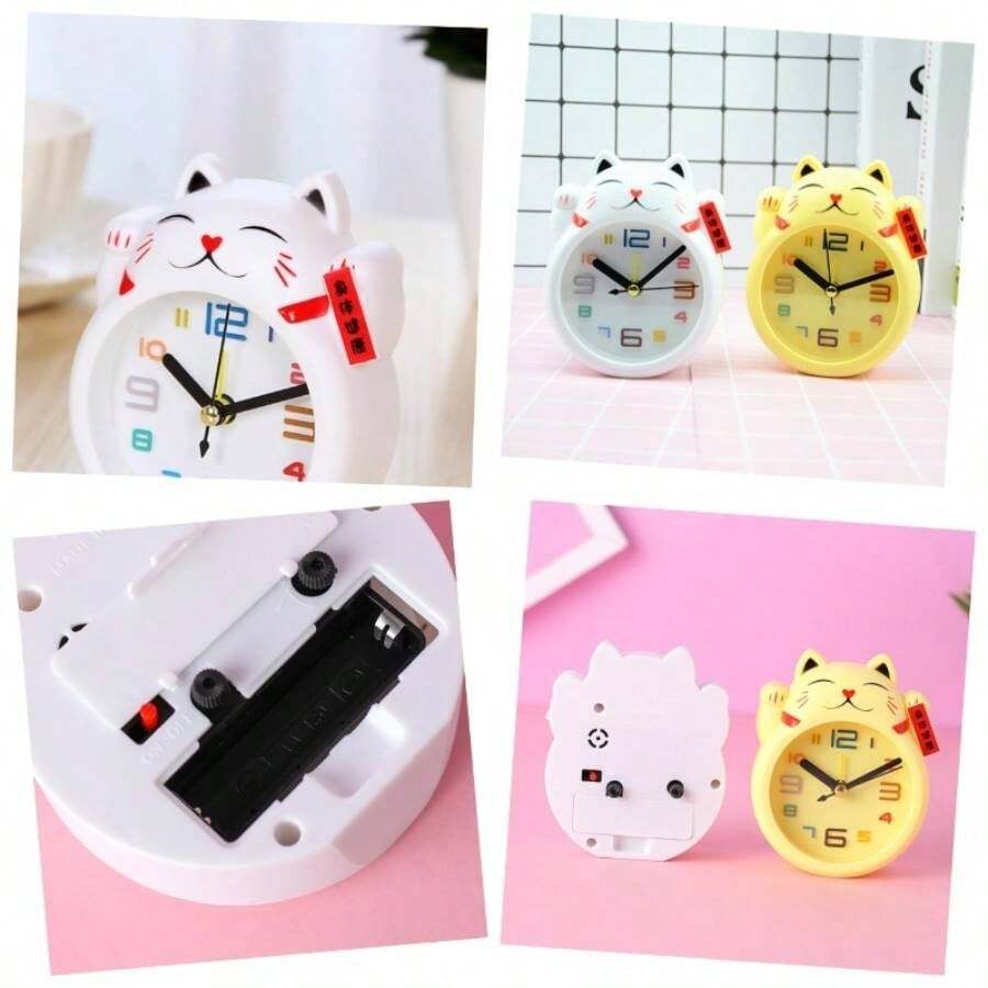 2 Piezas De Reloj Despertador con Forma De Gato De Dibujos Animados Lindo Reloj De Escritorio Reloj De Mesa Nmeros Grandes Y Mano De Obra Exquisita - Blanco - Ver 1