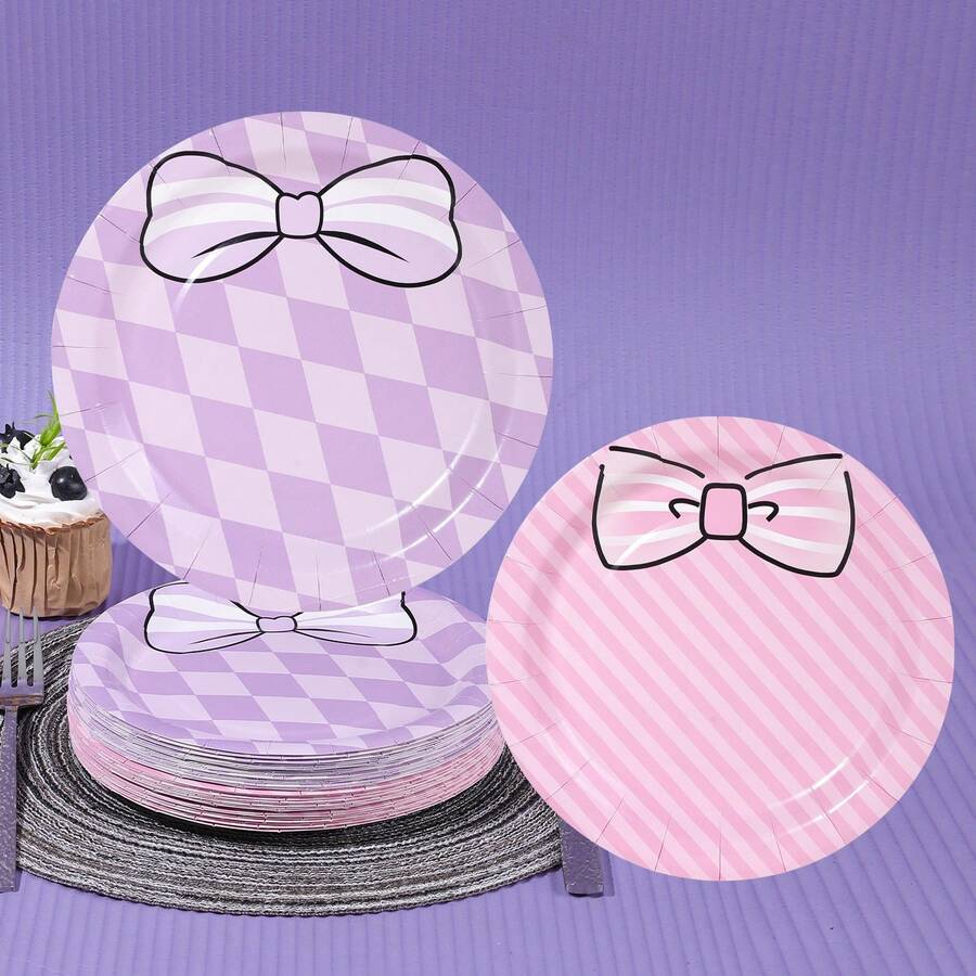 10/20/50pcs,Pink Purple Check Stripe Bow Disposable 7inch Paper Plates,Coquette Bow Dinner Plate,Cute White Striped Bow Print Round Plates,Lavender Argyle Check & Pink Diagonal Stripe Bow Pattern Plate For BabyShower Birthday Party Supplies - Multicolor - View 1