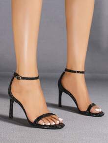 女士性感黑色高跟露趾踝带细高跟凉鞋，时尚简约优雅礼服鞋 - 黑色 - 查看 3