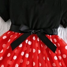 Girls' Black & Red Contrast Bow Tie Waist Short Sleeve Polka Dot Mesh Overlay Dress, Cute Daily Wear - Red - View 7