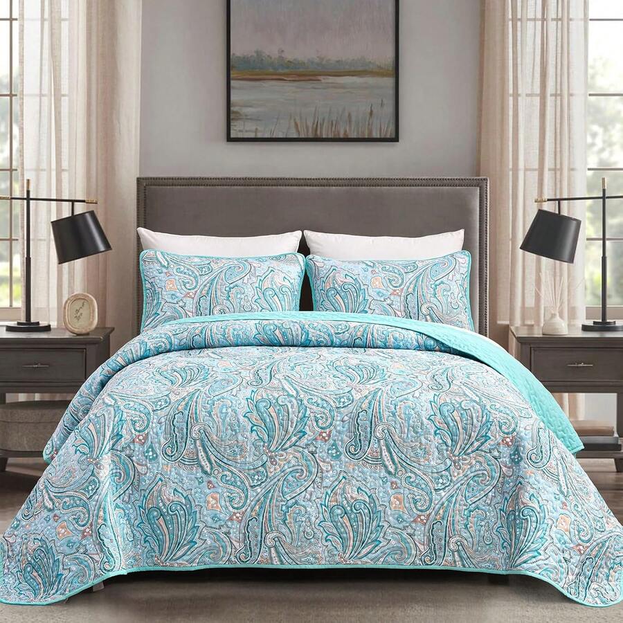 3Pcs Blue Paisley Queen King Double Bedspread Coverlet Bedding Sets (1 Quilt + 2 Pillow Cases), Fashion Paisley Design, Fresh & Minimalist, Comfortable Soft Breathable, Suitable For Bedroom, Home, Dorm, Christmas Day Gifts, Hotel Decoration, All Seasons - 淺藍色 - 查看 1