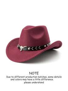 1顶男士涤纶西部牛仔帽，复古风格，男女皆宜，饰有公牛图案，适合休闲穿着、西部牛仔派对、酒吧等场合。