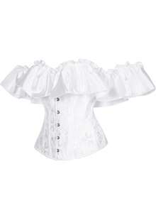 New Satin Floral Ruffle Off Shoulder Corset Top With Tie Back, Waist Cinching Shapewear - White - View 2