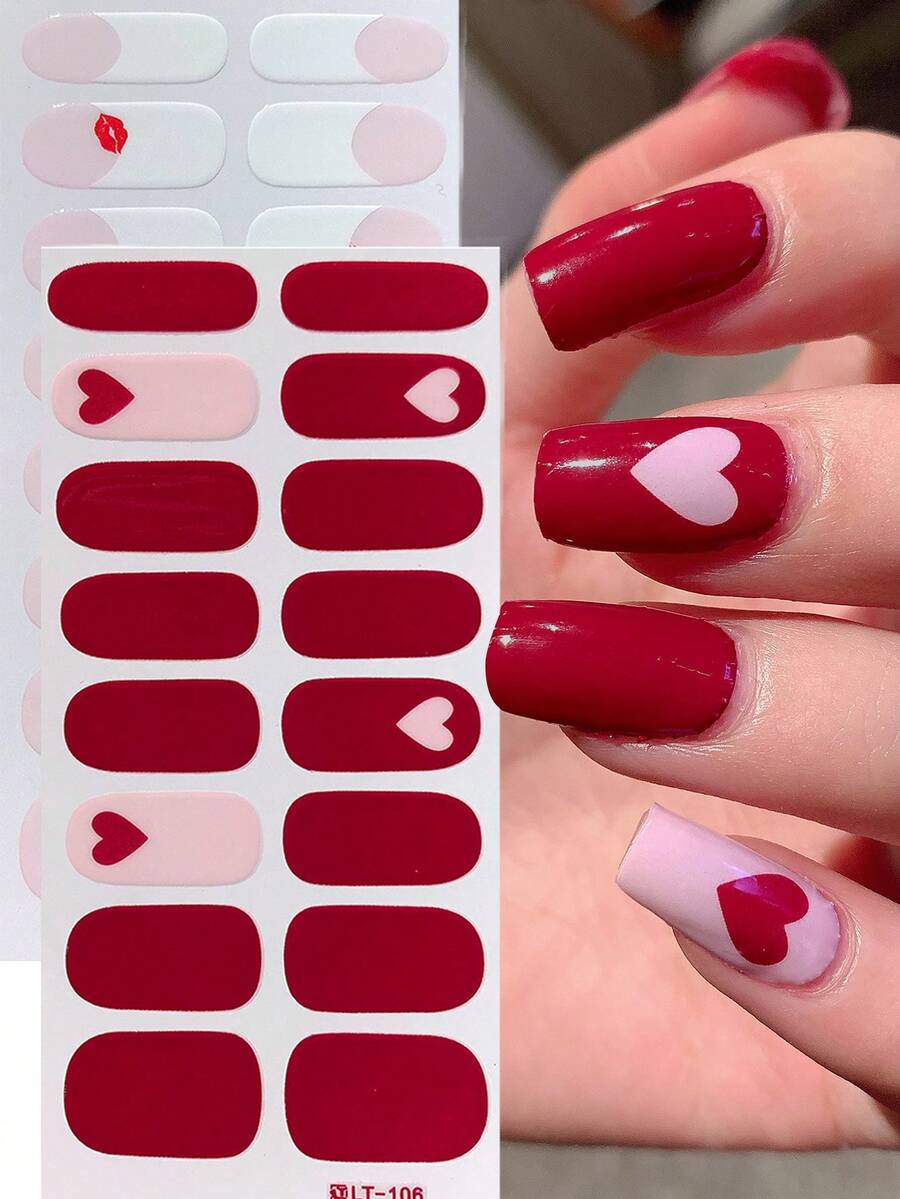 2 miếng dán móng tay màu hồng chủ đề Ngày Valentine, họa tiết trái tim và môi - Miếng dán móng tay tự dính kiểu Pháp, tự làm móng phủ toàn bộ móng, phù hợp cho phụ nữ và bé gái tự làm móng tại nhà. - Nhiều màu - Xem 1