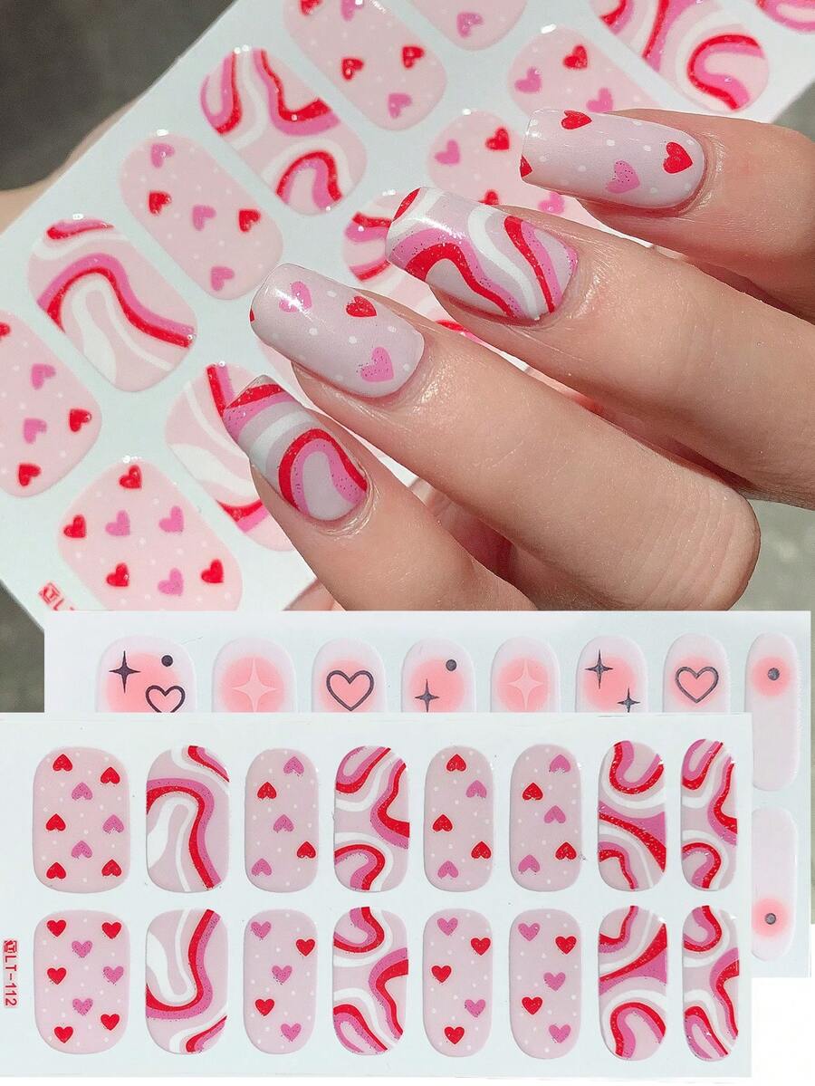 2片渐变爱心星形美甲贴纸，心形线条几何图案，全覆盖闪粉，情人节美甲贴纸，美甲装饰，适合女性和女孩DIY美甲沙龙居家美甲设计 - 彩色 - 查看 1