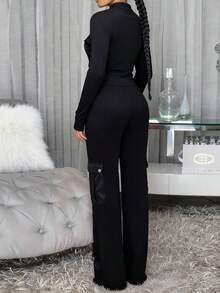 Blusa de manga larga de unicolor y pantalón cargo, apropiado para deportes, vacaciones, oficina, hogar, uso diario, todas las estaciones - Negro - Ver 2