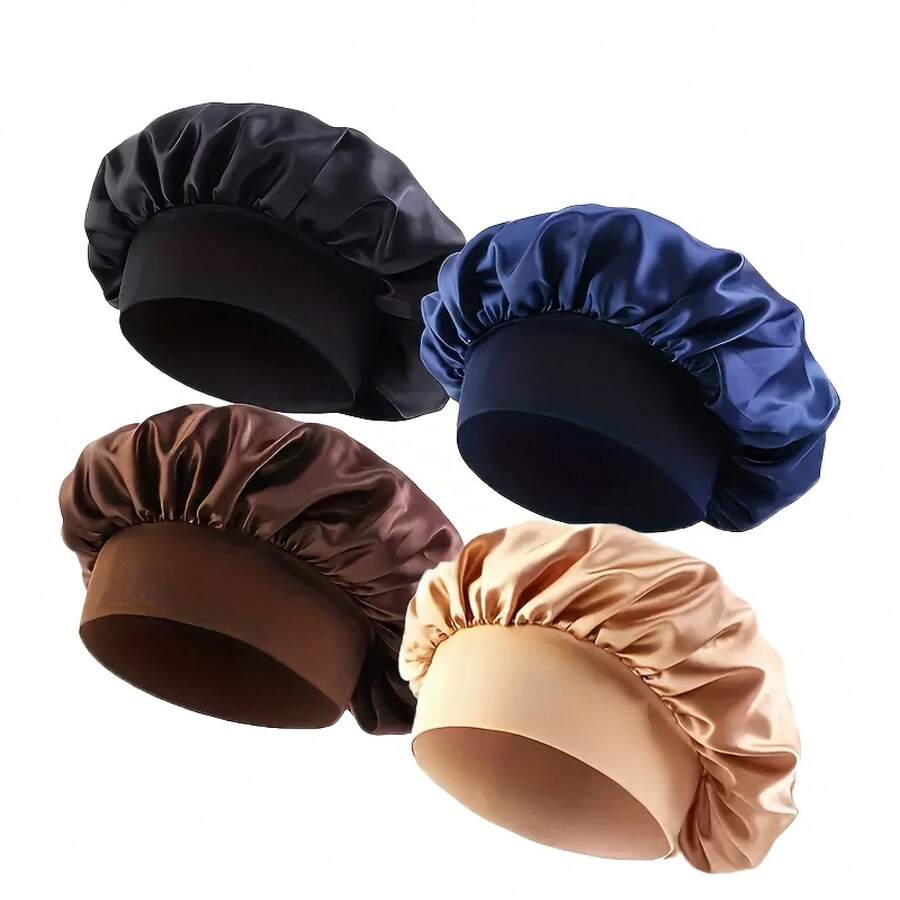 4pcs Soft Satin Knit Beanie Caps - Elastic Wide Band For Night Sleep, Hair Protection |   Lightweight, Breathable, One Size Fits All - 黑色+海軍藍+咖啡色+卡其色 - 查看 1