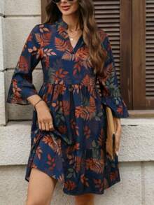 Women's Elegant Bohemian V-Neck A-Line Mini Dress, Ruffle Hem, Autumn Leaf Print - Black - View 1