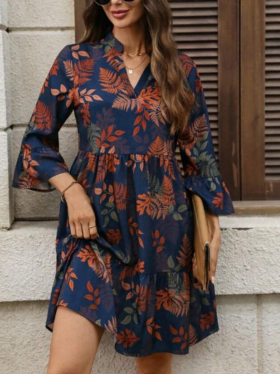 Women's Elegant Bohemian V-Neck A-Line Mini Dress, Ruffle Hem, Autumn Leaf Print - Black - View 1