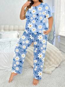 Blue Small Daisy Print Large Size Fashionable Women's Pajamas - Mixed Colors - View 2