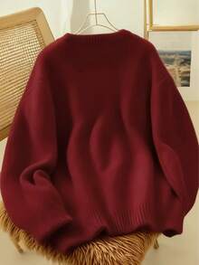 Áo len dệt kim màu trơn mềm mại và ấm áp dành cho nữ, trang phục thường ngày cho mùa thu - màu đỏ tươi - Xem 2