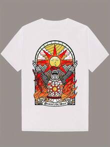 Camiseta Negra para Hombre con Diseño de Sol y Llamas - Texto "Praise The Sun", Camiseta Casual de Verano, Estilo Retro, Tela Ligeramente Elástica, Regalo Perfecto para Él, Ropa Casual de Verano |   Camiseta de Estilo Retro |   Tela Elástica Ligera - Blanco - Ver 1