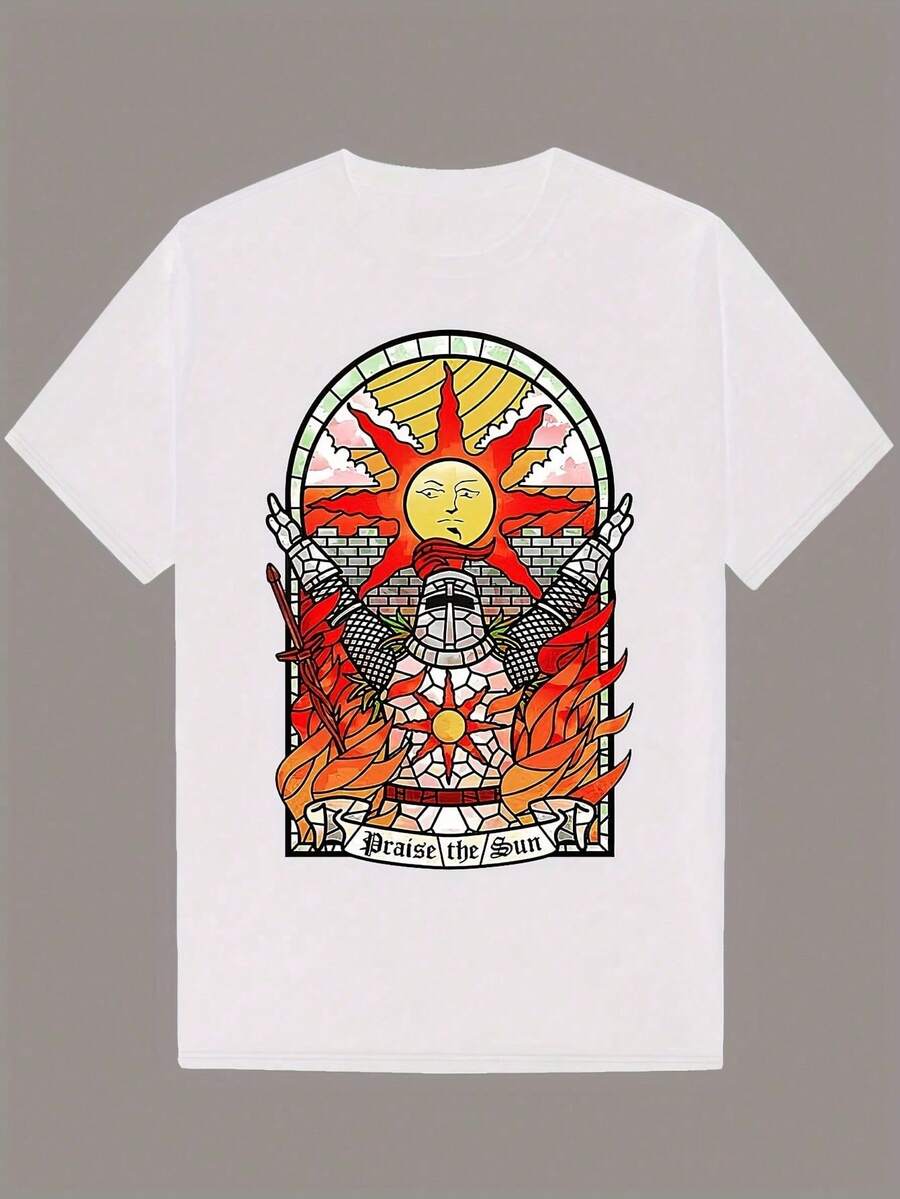 Camiseta Negra para Hombre con Diseño de Sol y Llamas - Texto "Praise The Sun", Camiseta Casual de Verano, Estilo Retro, Tela Ligeramente Elástica, Regalo Perfecto para Él, Ropa Casual de Verano | Camiseta de Estilo Retro | Tela Elástica Ligera - Blanco - Ver 1