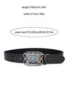 1 Piece, Turquoise-Inlaid Western Belt, Silver-Plated Antique Floral Buckle Leather Belt, Vintage Bohemian-Style Ladies' Belt, Denim Fashion Accessory Suitable For All Seasons. - Multicolor - View 2