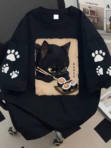 大码女式猫爪印圆领T恤，猫咪吃寿司图案，适合夏季假期、新年、情人节、母亲节等场合穿着。