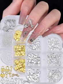 6件套金属钥匙锁美甲装饰品，Y2K美学金属美甲吊坠，钢珠和白色珍珠美甲宝石，美甲用品，美甲配件 - 彩色 - 查看 1