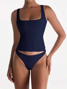 XLLAIS Women's Solid Color Square Neck Sleeveless Tank Top, Fitted Casual Wear, Spring/Summer Vacation Top - Royal Blue - View 7