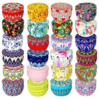 12/24 个蜡烛罐（随机包装），2.2 盎司带盖，耐用铁质蜡烛罐，优质金属蜡烛容器，圆形蜡烛容器套装，可重复使用，适合成人 DIY 制作各种图案和颜色的蜡烛，适合存放小物件，适合生日、情人节、新年和其他节日派对，也是送给好朋友的理想礼物。