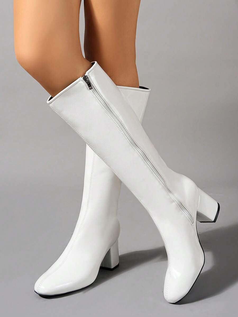 Women's Knee-High Boots, Pointed Toe, Thick Heel, Side Zipper, Solid Color, Simple Design, Casual And Comfortable, Two Colors Optional, Low-Key And Versatile, Gorgeous, Suitable For Daily Commuting Wear, Local Warehouse. - 白色 - 查看 1