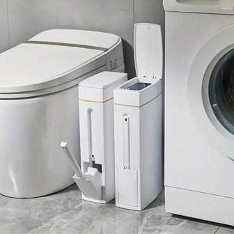 Space-Saving Slim Corner Trash Can With Toilet Brush & Holder - Compact Rectangular Bathroom Bin, Durable Plastic Design, No Electricity Needed For Home, Toilet Paper Holder Compatible, Toilet Accessory, Extreme Space Saver, Versatile Cleaner