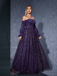 One-Shoulder Sling Chiffon Long Sleeve Embroidered Lace High-End Evening Dress - Purple - View 1