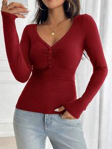 GAOVOT Women's Y2K Casual Everyday Sexy Red Fitted Long Sleeve V-Neck Top, Suitable For Valentine's Day - Màu Đỏ Sâu - Xem 7