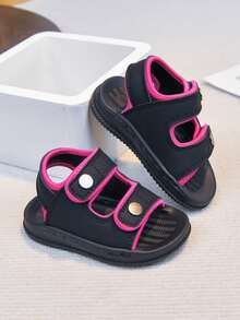 1 Pair Unisex New Style PU Hook And Loop Design Flat Cute Sandals, Soft Bottom Non-Slip Baby Beach Shoes, Suitable For Summer - Black - View 2