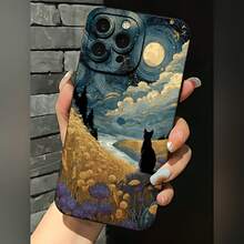 2026 nueva funda de teléfono esmerilada, funda de teléfono con paisaje de noche estrellada, impresión artística de gato negro y flores para iPhone 17 14 Pro Max 13 12 11 Xs X  Galaxy S23 S22 S21 S20 Fe Note 20 Ultra, funda protectora para teléfono, regalo para novio o novia, regalo de vacaciones - Negro - Ver 1