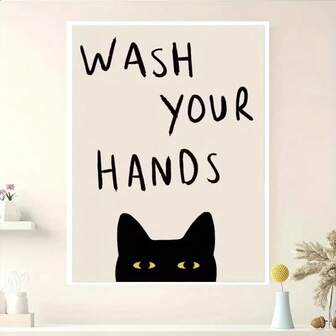 Impresión artística en lienzo de gato divertido "Lávate las manos" para decoración del baño y el hogar, estilo vintage/moderno para sala de estar, dormitorio, oficina con marco opcional