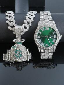 1 Set Fully Rhinestone Money Bag Pendant 15mm Rhinestone Cuban Link Necklace Bracelet, Men's Green Dial Watch, Hip Hop Style Men Accessory Set - Green - View 15