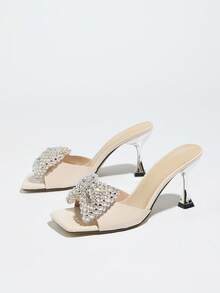 Women's High Heel Shoes, Fashionable And Elegant For Parties, Outdoor Events, And Formal Occasions. Features Sparkling Rhinestone Bow Decor, Square Toe, Soft And Comfortable Texture, Slip-On Design, Suitable For Formal Wear, Casual Outings, And Travel. - Apricot - View 8