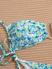 wohenmeili 女士夏季沙滩碎花系带性感比基尼泳衣套装 - 白底藍花 - 查看 10