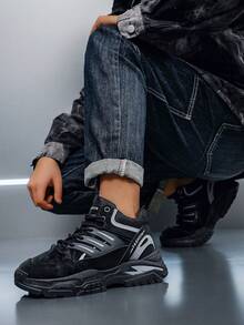 Black Sneakers, Men's Casual Sneakers, New Fashionable Sneakers, Comfortable, Versatile Thick-Soled Heightening Sneakers Mid Top Lace Up Men's Hiking Shoes - Black - View 6