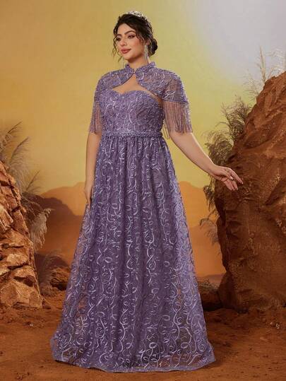 Anpokt 立领刺绣蕾丝两件套热销钻石和泡泡珠串珠披肩晚礼服