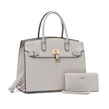 ZENG Classic Large Women's PU Leather Tote Handbag With Matching Zip Wallet, Elegant Structured Purse With Lock Top Handles & Detachable Shoulder Strap For Work, Office, Travel, And Everyday Use - Grey - View 2
