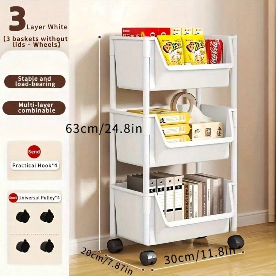 Thickened Multi-Layer Storage Cart, Multifunctional Storage Rack, Non Electric, Easy To Move, Convenient For Storage, Wheeled Mobile Storage Rack, 3/5 Layers, Suitable For Book Storage Racks In Living Rooms, Bedrooms/Dormitories, Bedside Carts, Practical Carts, Christmas Gifts - 3層白色 - 查看 1